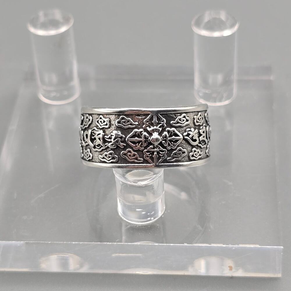 S925 Sterling Silver Tibetan Buddhist Vajra Mantra Band Ring Adjustable 10mm